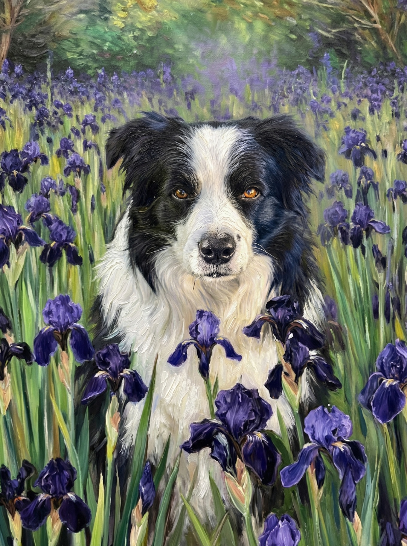 Collie in the Irises